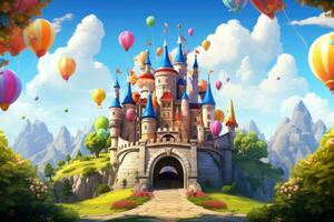 ai generado hada cuento castillo con vistoso globos en el cielo - ilustración para niños, un hada cuento castillo con flotante globos y linda dibujos animados criaturas, ai generado foto