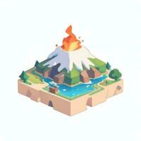 AI generated Isometric 3D Volcano on Island Icon Clip Art Sticker Decoration Simple Background photo