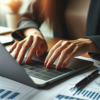 AI generated Closeup business woman hands typing on laptop computer keyboard to searching information and online working technology concept. Square image zide photo