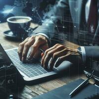 AI generated Closeup business man hands typing on laptop computer keyboard to searching information and online working technology concept. Square image zide photo