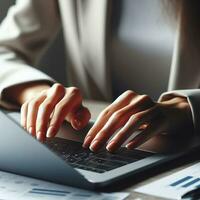 AI generated Closeup business woman hands typing on laptop computer keyboard to searching information and online working technology concept. Square image zide photo