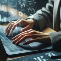 AI generated Closeup business woman hands typing on laptop computer keyboard to searching information and online working technology concept. Square image zide photo