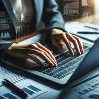AI generated Closeup business woman hands typing on laptop computer keyboard to searching information and online working technology concept. Square image zide photo
