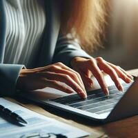 AI generated Closeup business woman hands typing on laptop computer keyboard to searching information and online working technology concept. Square image zide photo