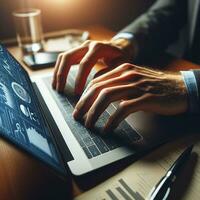 AI generated Closeup business man hands typing on laptop computer keyboard to searching information and online working technology concept. Square image zide photo