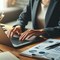 AI generated Closeup business woman hands typing on laptop computer keyboard to searching information and online working technology concept. Square image zide photo