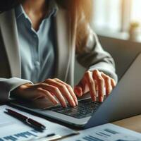 AI generated Closeup business woman hands typing on laptop computer keyboard to searching information and online working technology concept. Square image zide photo