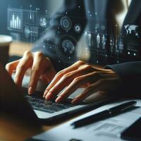 AI generated Closeup business man hands typing on laptop computer keyboard to searching information and online working technology concept. Square image zide photo