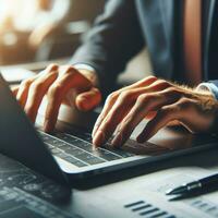 AI generated Closeup business man hands typing on laptop computer keyboard to searching information and online working technology concept. Square image zide photo