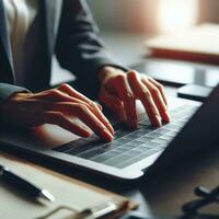 AI generated Closeup business woman hands typing on laptop computer keyboard to searching information and online working technology concept. Square image zide photo