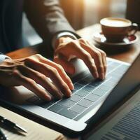 AI generated Closeup business man hands typing on laptop computer keyboard to searching information and online working technology concept. Square image zide photo
