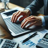 AI generated Closeup business man hands typing on laptop computer keyboard to searching information and online working technology concept. Square image zide photo
