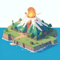AI generated Isometric 3D Volcano on Island Icon Clip Art Sticker Decoration Simple Background photo