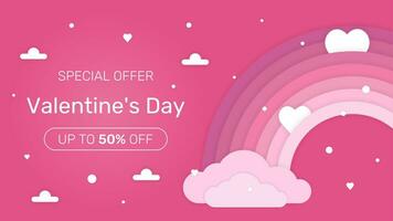 Sales promotion on Valentine's Day. Paper cut rainbow with clouds and hearts on pink background. vector