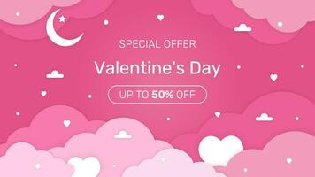 Valentine's Day sale background. Paper cut clouds with hearts on pink background. vector