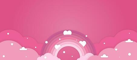 Paper cut background for text with rainbow and clouds on pink background. vector