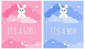 Its a girl, Its a boy card. Set of invitation card for baby new born celebration with cartoon rabbit and clouds. Paper cut style. Pink and blue background. vector