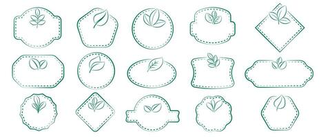 Set of Eco frames in lineart style. Green plates with leaves vector