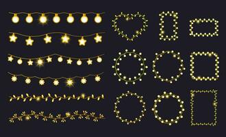 Set of golden bell fairy lights garland in the black background isolated. Christmas frames vector