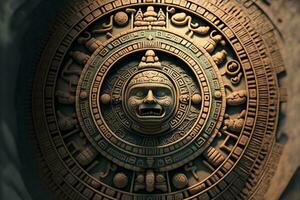 AI generated Close view of the ancient Aztec mayan calendar with round pattern and relief on stone surface. Neural network generated art photo