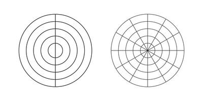 Wheel of life template. Set of simple coaching tool for visualizing all areas of life. Polar grids of 2, 12 segments and 4 concentric circles. Blanks polar graph paper. Diagram of life style balance. vector
