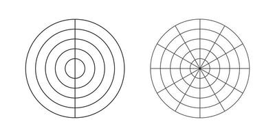 rueda de vida modelo. conjunto de sencillo entrenamiento herramienta para visualizante todas areas de vida. polar rejillas de 2, 12 segmentos y 4 4 concéntrico círculos espacios en blanco polar grafico papel. diagrama de vida estilo balance. vector