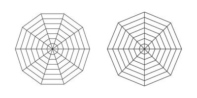 Decagon, octagon graphs. Set of radar spider templates. Spider mesh. Flat web diagrams for statistic, analytics. Blank radar charts. Vector graphics illustration.
