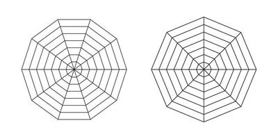 decágono, octágono gráficos conjunto de Radar araña plantillas. araña malla. plano web diagramas para estadística, analítica. blanco Radar cartas vector gráficos ilustración.