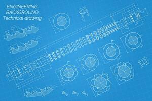 Mechanical engineering drawings on blue background. Drill tools, borer. Boring bar with micrometric adjustment. Broach. Technical Design. Cover. Blueprint. Vector illustration