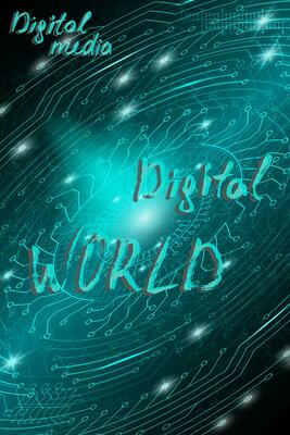 Blue futuristic technological background in cyberpunk style. Digital art. The inscription is painted by hand with brush. Lettering for design of postcards, poster, banner. Vector illustration.
