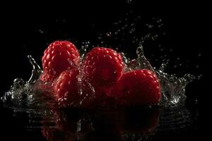 AI generated Raspberries and water splash on dark background. Neural network AI generated photo