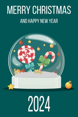 Christmas card with souvenir transparent Christmas ball with snow, red and yellow balls, stars and striped candy inside on dark background. Greeting text. Vertical. Vector