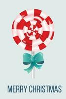 Christmas round lollipop with red stripes and big turquoise ribbon bow with shadows and highlights on greeting card. With text. Vector. Vertical vector