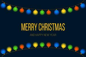 New Year greeting card with garland of colored bulbs on dark blue background and yellow text. Horizontal. Vector. vector