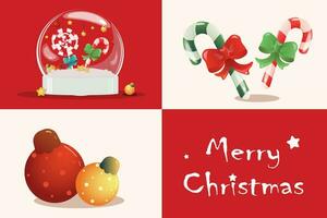 Red and white Christmas greeting card divided into square sectors of white and red. Yellow and red glass balls, candy canes and souvenir balloon. Greeting inscription. Horizontal. Vector. vector