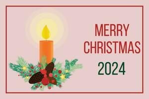 Christmas card with festive red candle in green spruce branches with red berries and greeting text. For holiday. Vector. Horizontal vector