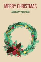 Holiday card with Christmas wreath of fir branches with red ribbon around, red rowan berries and fir cones on background. With text. Vertical. Vector