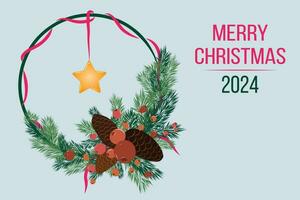 Christmas greeting card with spruce wreath with red ribbon with star, bright red berries and brown cones. Text. Horizontal. Vector