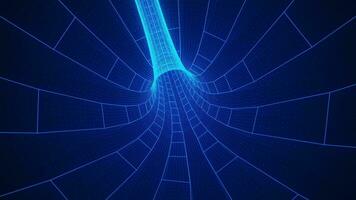 1980s retro futuristic technology background. Moving through an empty glowing blue wireframe digital grid tech tunnel. video