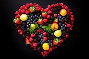 AI generated fruits on the black background in heart shape photo