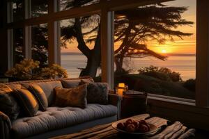 AI generated Beautiful Living Room with Sunrise View photo