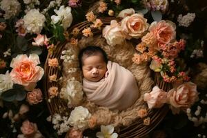 ai generado recién nacido bebé en un cesta rodeado con flores foto