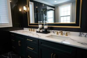 AI generated Beautiful Bathroom black Double Vanity in New Home photo