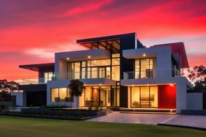 AI generated Beautiful New Contemporary Style Luxury Home red sky photo