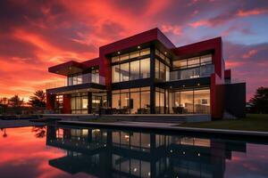 AI generated Beautiful New Contemporary Style Luxury Home red sky photo