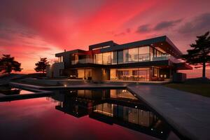 AI generated Beautiful New Contemporary Style Luxury Home red sky photo