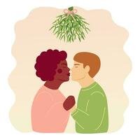 negro niña y hombre Pareja besos debajo muérdago Navidad tradicion saludo tarjeta ilustración vector