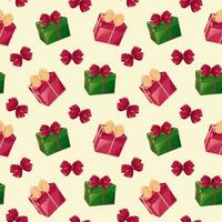 Seamless pattern with red and green gift box witn bows on pink background. Background illustration with Christmas, New Year, birthday presents vector