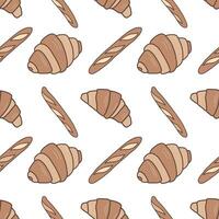 Bread seamless pattern on white background. Croissants and baguettes flat vector illustration.
