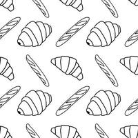 Bread seamless pattern on white background. Croissants and baguettes line vector illustration in doodle stile.